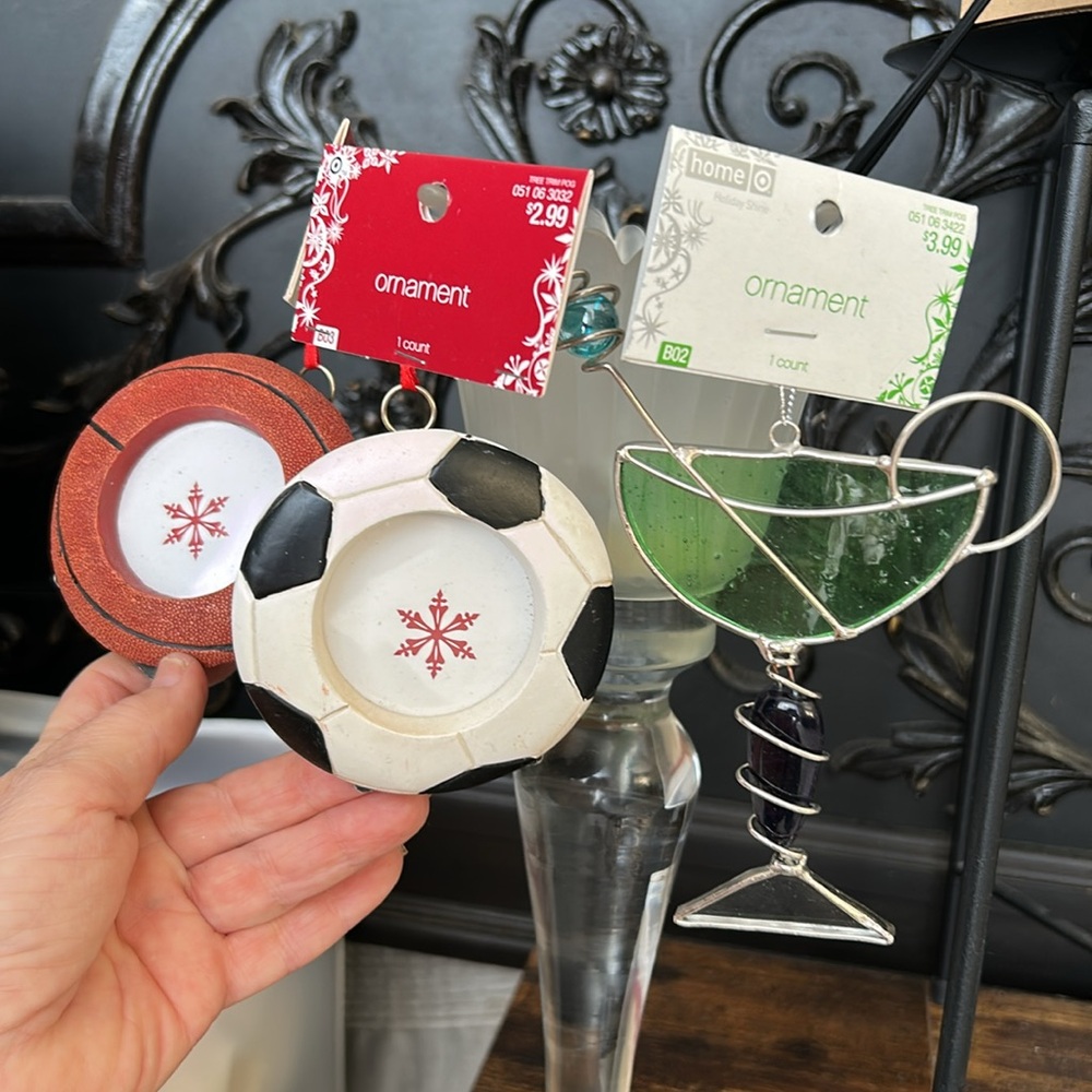 Three holiday ornaments, one basketball one soccer one martini, NWT